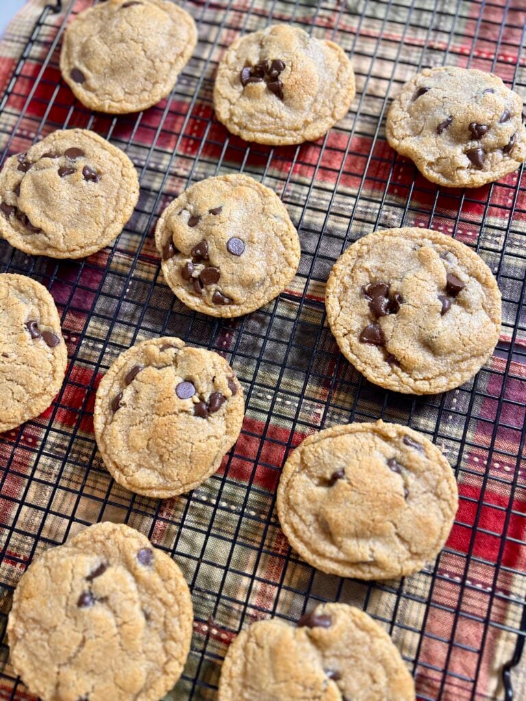 Fresh milled chocolate chip cookies cooling on wire racks with soft centers and golden edges
