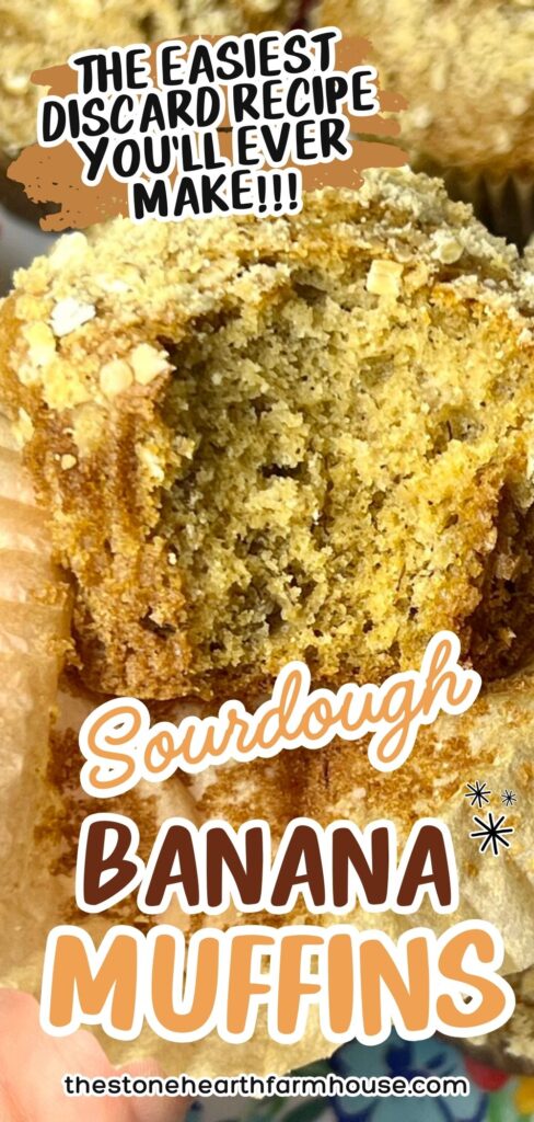 Graphic image of sourdough banana muffins made with sourdough discard, featuring a close-up of a soft, moist muffin crumb with text overlay promoting the easiest discard recipe. Pinterest-style design for sourdough banana muffins.