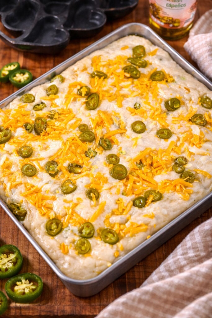 Jalapeño cheddar sourdough focaccia dough in an oiled baking pan topped with sliced jalapeños and shredded sharp cheddar before baking.