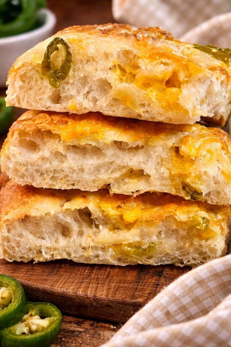 Jalapeño Cheddar Sourdough Focaccia (Easy No-Knead Recipe)