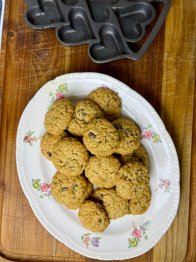 Plate of freshly baked oatmeal raisin cookies arranged on a vintage floral dish on a wooden countertop