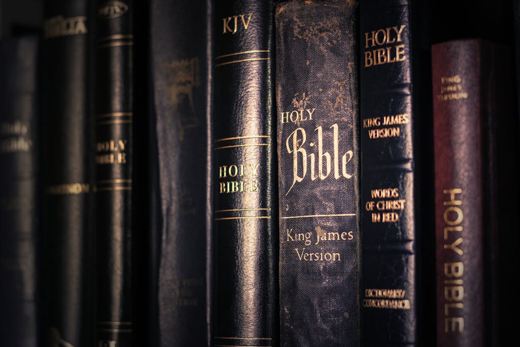 A detailed view of various King James Version Bibles, highlighting religious imagery.