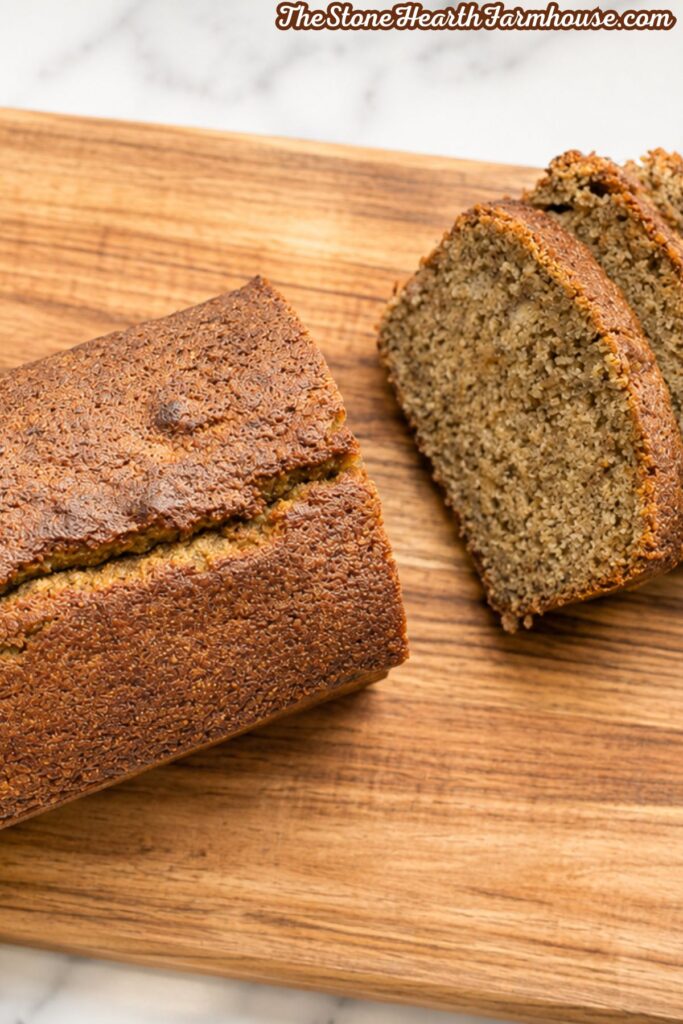 Fresh milled banana bread made with soft white wheat, sliced and arranged on a wooden cutting board