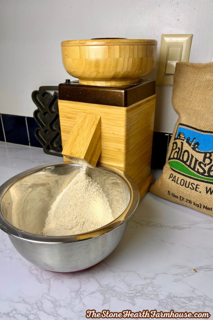 Soft white wheat berries being freshly milled into flour for homemade banana bread