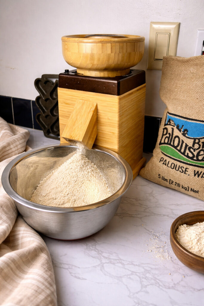Freshly milled soft white wheat flour being ground in a grain mill for banana bread made with fresh milled flour