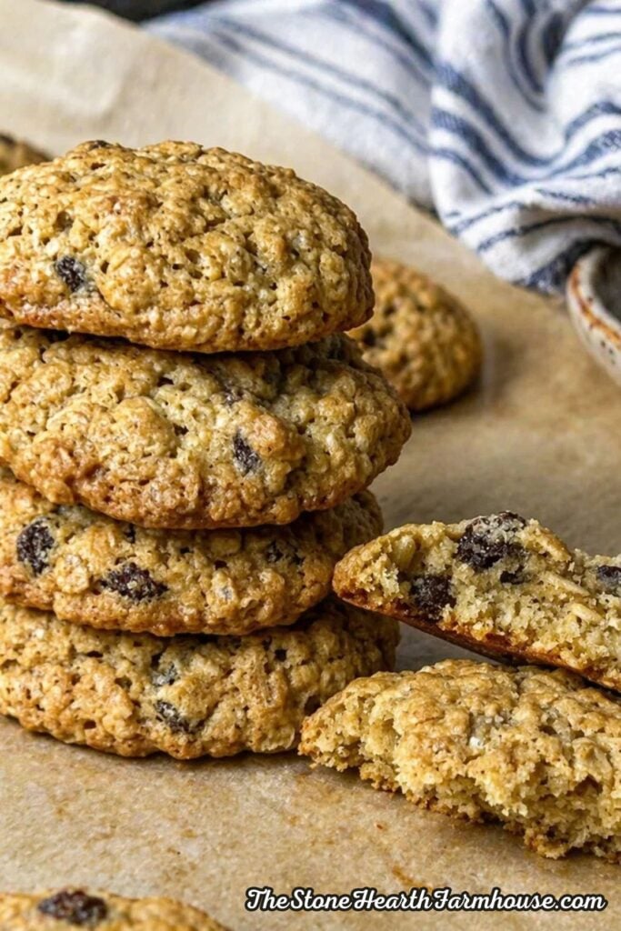 Stack of homemade oatmeal raisin cookies on parchment paper, showing soft chewy texture and golden brown edges