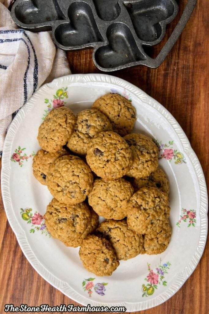 Plate of freshly baked oatmeal raisin cookies arranged on a vintage floral dish on a wooden countertop