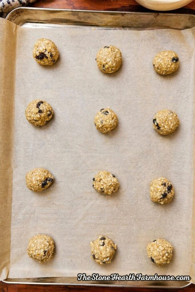 Oatmeal raisin cookie dough scooped into round balls and spaced evenly on a parchment lined baking sheet