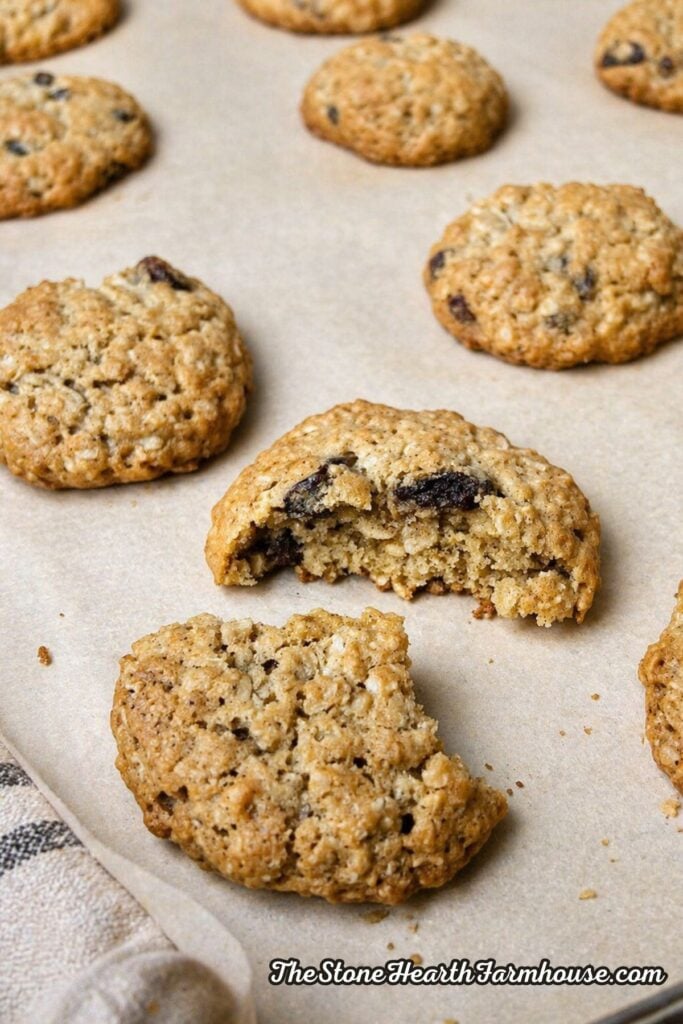 Freshly baked oatmeal raisin cookies on baking sheet with one cookie broken open to show soft chewy interior
