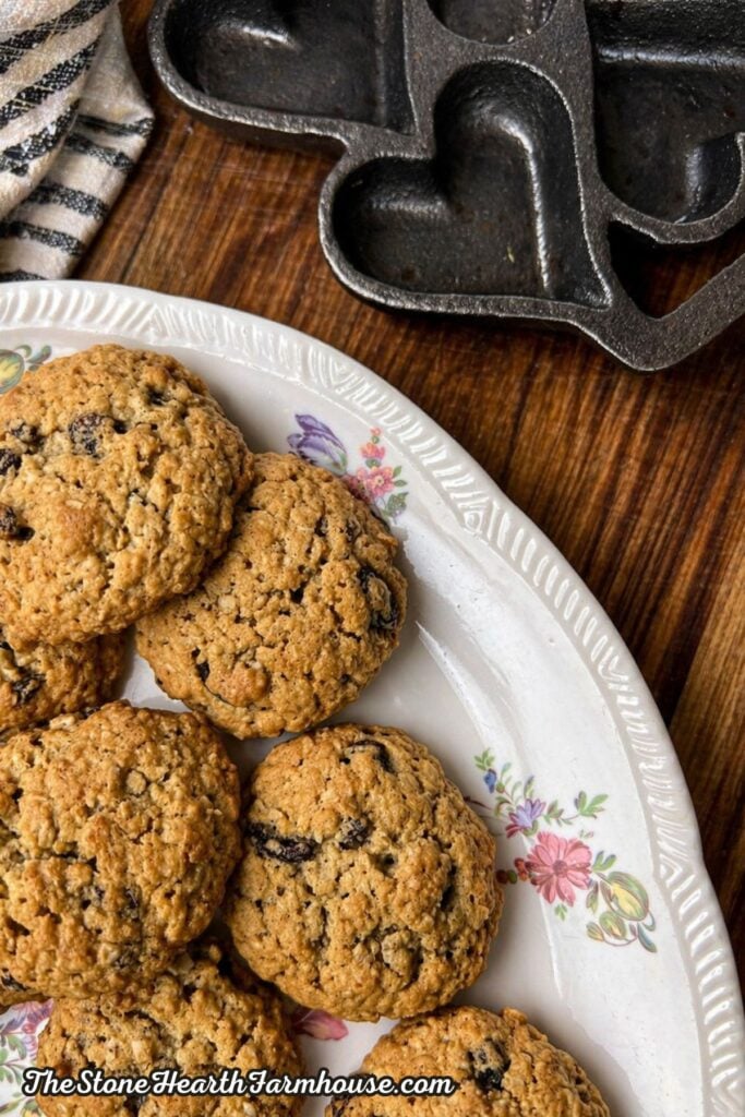 Homemade oatmeal raisin cookies arranged on a vintage floral plate, golden brown and soft, photographed on a wooden countertop with baking pan nearby