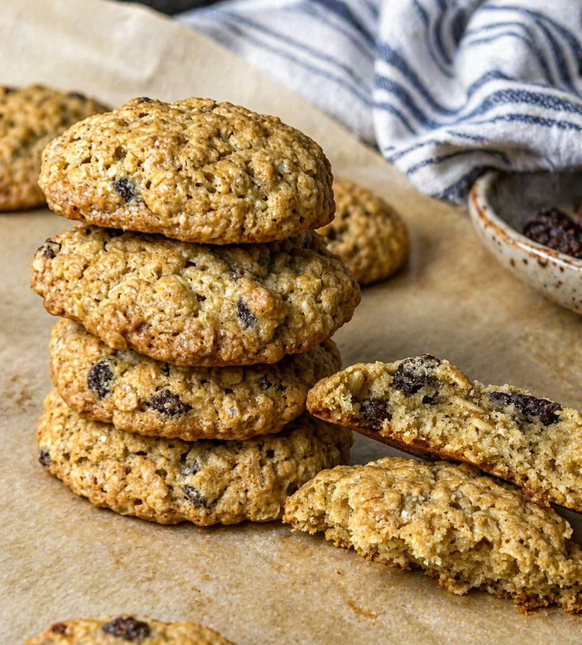 Stack of homemade oatmeal raisin cookies on parchment paper, showing soft chewy texture and golden brown edges