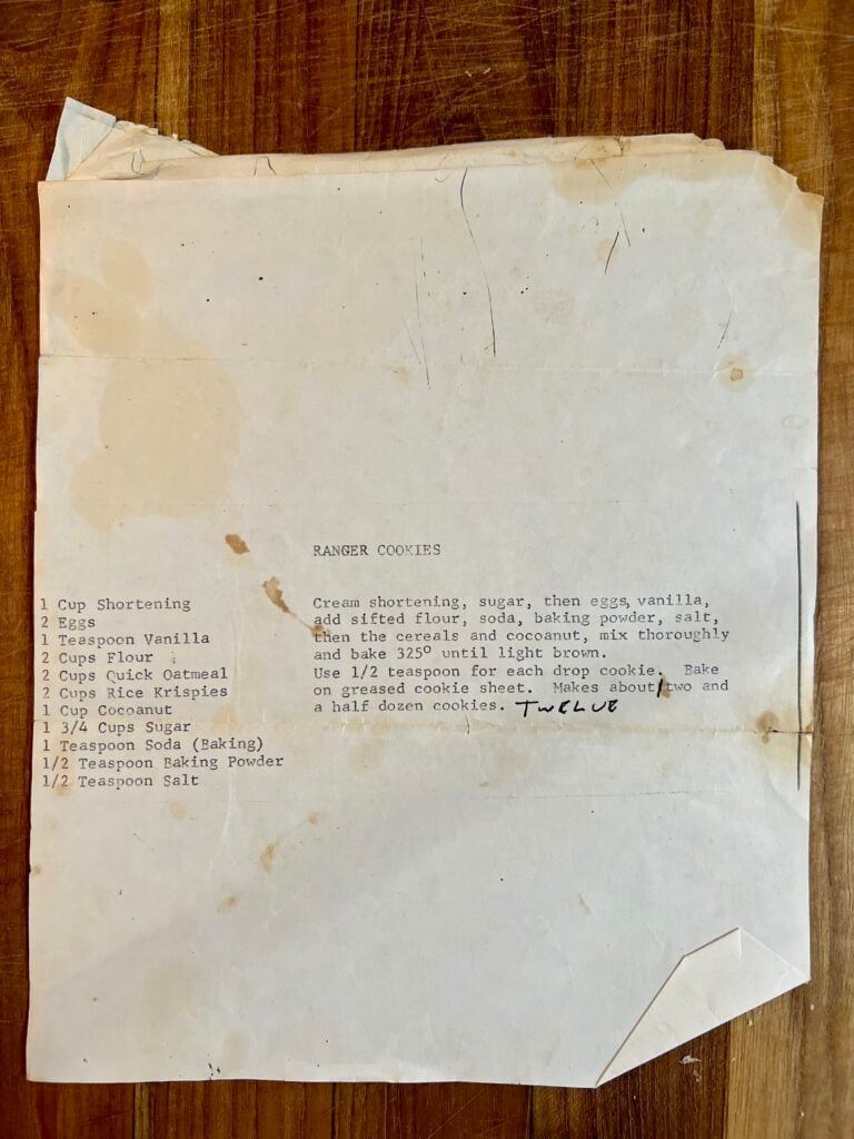 Vintage ranger cookies recipe card with handwritten notes and classic ingredients