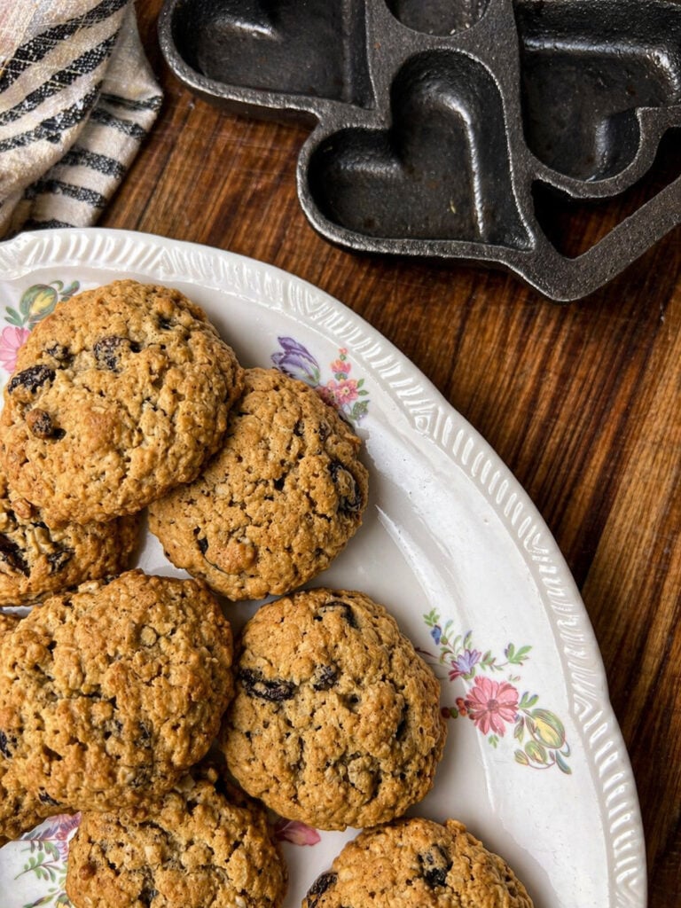 Homemade oatmeal raisin cookies arranged on a vintage floral plate, golden brown and soft, photographed on a wooden countertop with baking pan nearby
