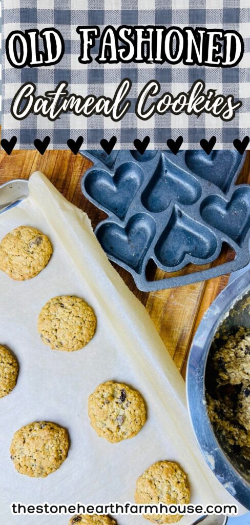 Old fashioned oatmeal cookies baking on a parchment-lined cookie sheet with a rustic farmhouse kitchen background. This classic oatmeal cookie recipe features chewy centers, crisp edges, and wholesome rolled oats, perfect for a cozy homemade dessert. A heart-shaped baking pan and mixing bowl with cookie dough add a vintage, from-scratch feel. Ideal for those searching for easy oatmeal cookies, traditional cookie recipes, farmhouse baking, and old fashioned desserts.