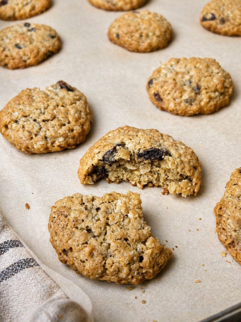 Freshly baked oatmeal raisin cookies on baking sheet with one cookie broken open to show soft chewy interior