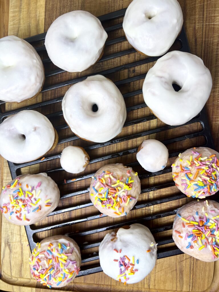 finished and ready to enjoy sourdough donuts with glaze.