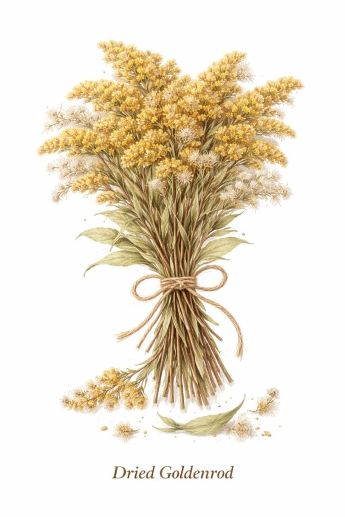 Dried goldenrod bundle tied with rustic twine, botanical watercolor illustration of Solidago flowers and leaves used in herbal tea and natural remedies.
