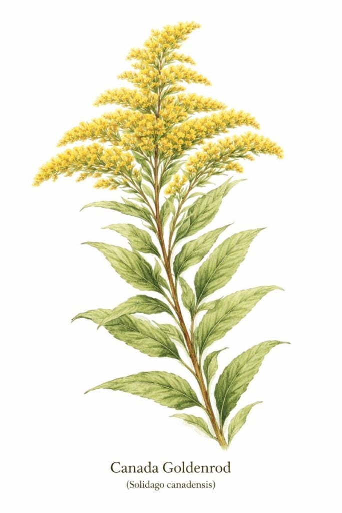 Canada goldenrod botanical illustration labeled Solidago canadensis, showing tall stem, narrow green leaves, and yellow plume-like flower clusters.