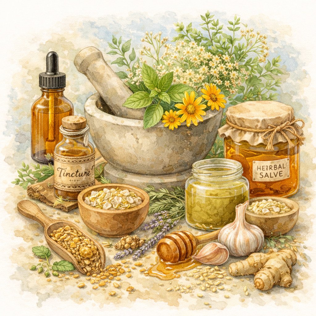 Botanical watercolor illustration of herbal remedies including tincture bottles, herbal salve, mortar and pestle, dried herbs, honey, and fresh medicinal plants representing natural home remedies.