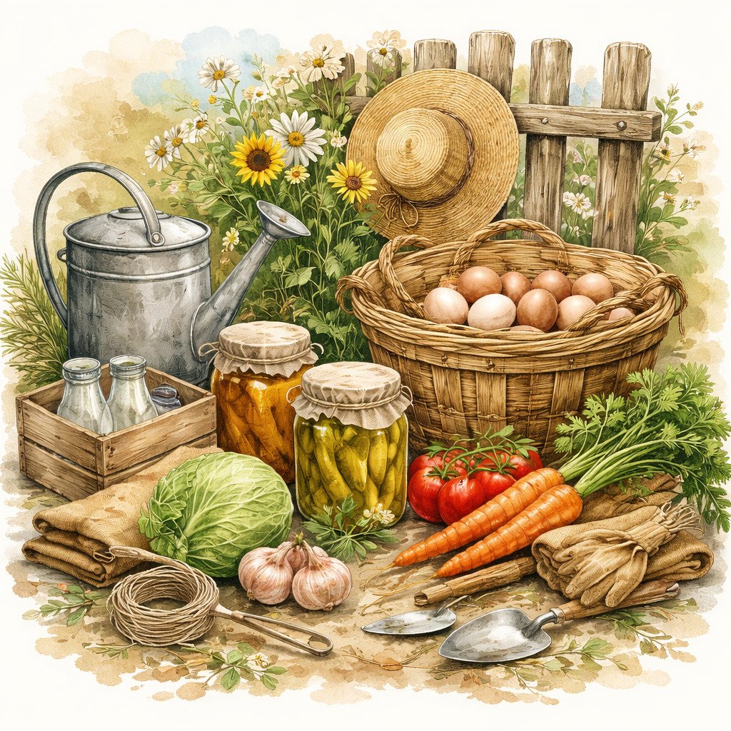 Rustic watercolor illustration of a homestead scene with fresh eggs, garden vegetables, canning jars, watering can, and farm tools symbolizing traditional homesteading and self-sufficient living.