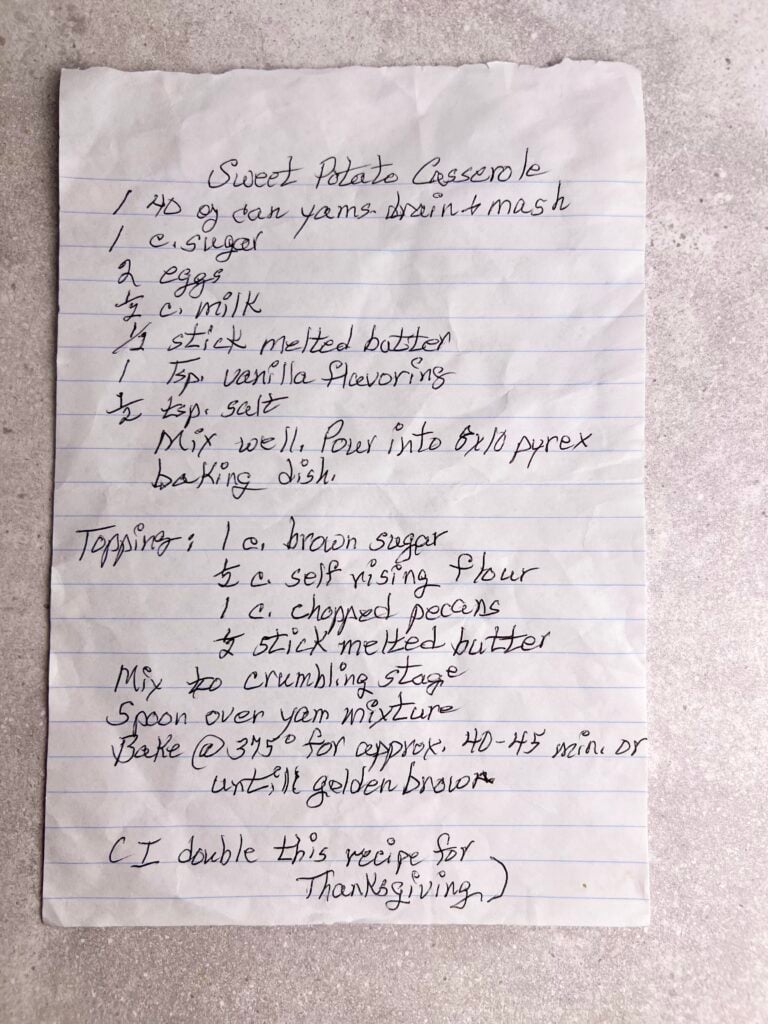 Old fashioned handwritten recipe card for Sweet Potato Casserole with Canned Yams, featuring classic Thanksgiving casserole ingredients and pecan topping instructions.