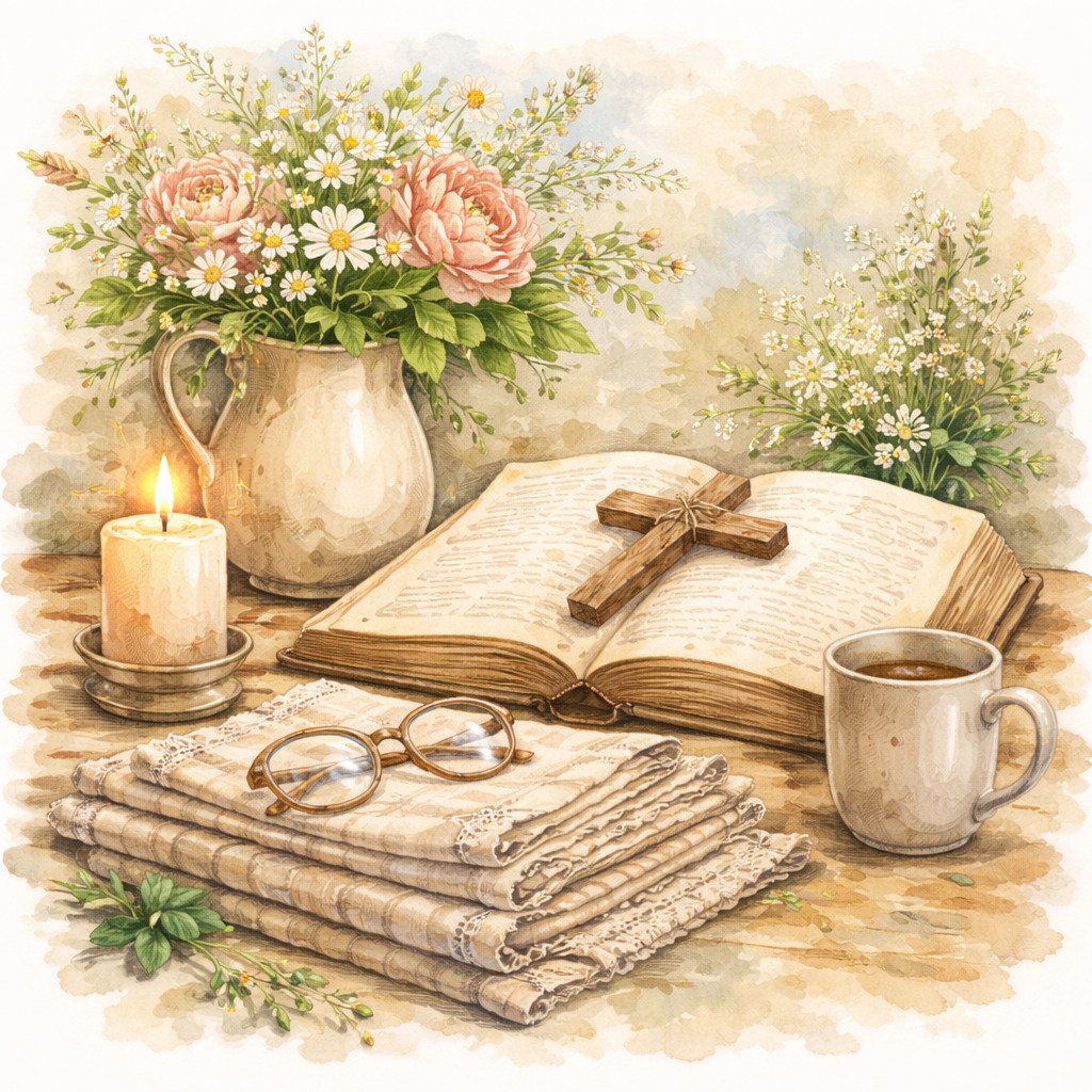 Soft watercolor illustration of an open Bible, wooden cross, lit candle, fresh flowers, folded linens, and coffee mug representing faith-filled homemaking and peaceful home living.