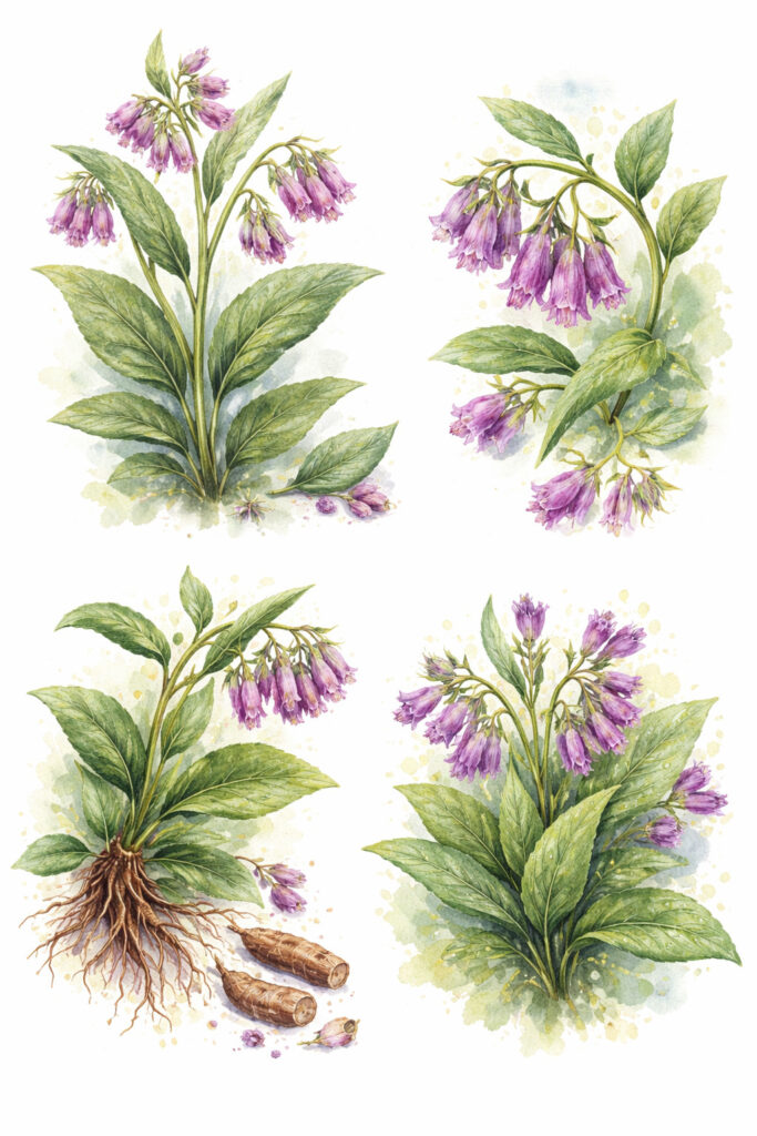 Botanical watercolor showing comfrey leaves, flowers, roots, and plant growth for identification and herbal education.