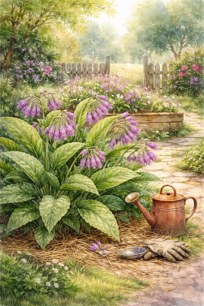 Vintage watercolor illustration of a mature comfrey plant blooming with purple bell-shaped flowers in a cottage garden setting.