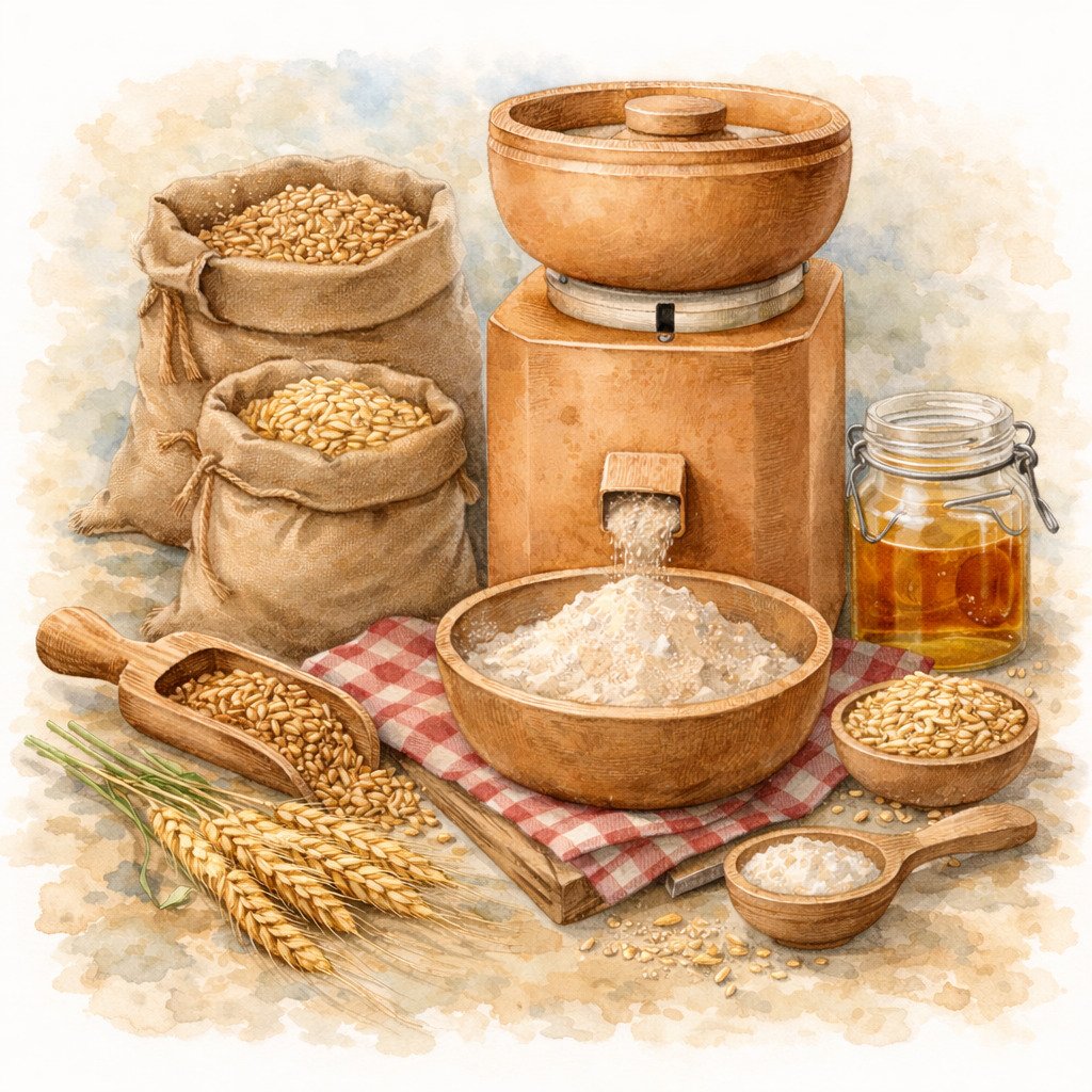 Watercolor illustration of a countertop grain mill with freshly milled flour, wheat berries, burlap grain sacks, and wooden scoop representing fresh milled flour and homemade bread baking.