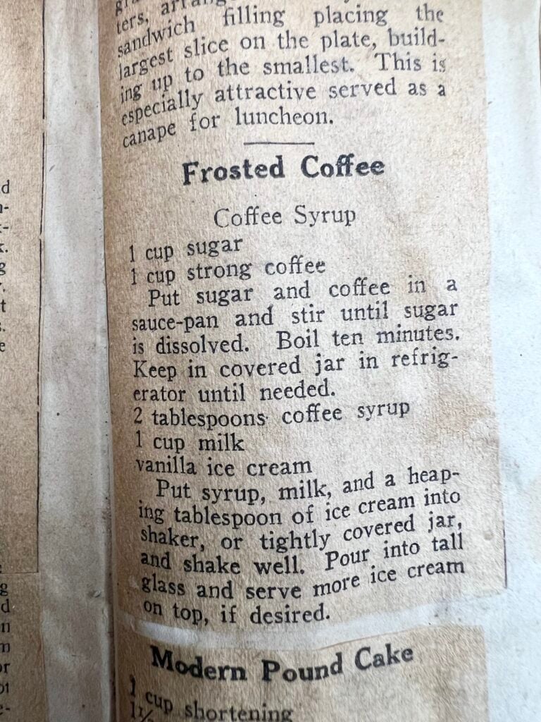 Vintage cookbook page featuring an old-fashioned coffee recipe with homemade coffee syrup instructions printed on aged paper.