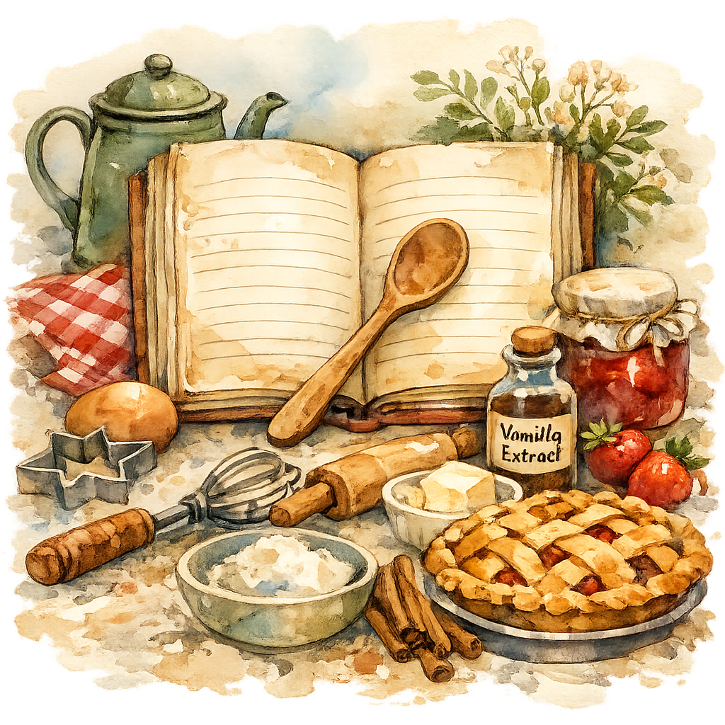 Watercolor illustration of a vintage open cookbook surrounded by baking tools, apple pie, jam, vanilla extract, and rustic kitchen utensils representing old-fashioned, time-tested recipes.