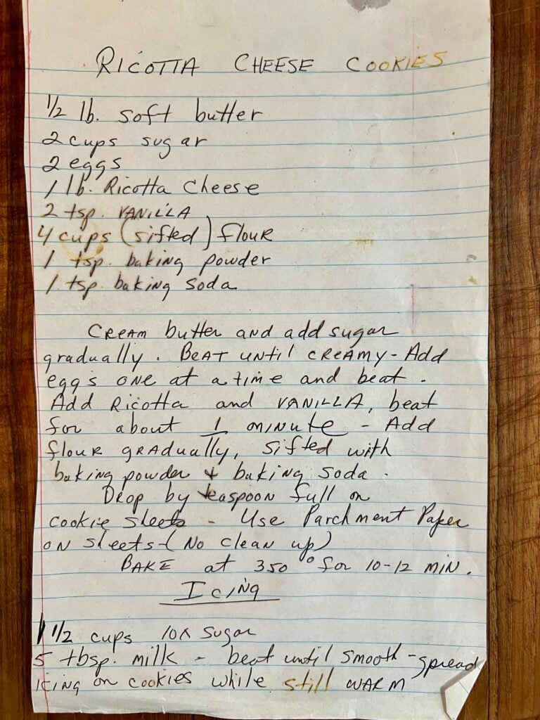 Handwritten vintage recipe card for classic ricotta cookies, showing ingredients and baking instructions for old-fashioned Italian ricotta cookies.