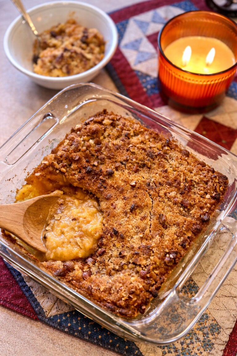 Freshly baked Sweet Potato Casserole with Canned Yams topped with brown sugar pecan crumble in glass baking dish, served warm for Thanksgiving dinner.