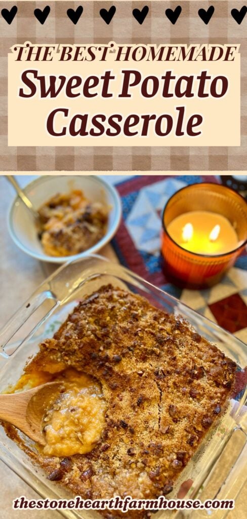 Sweet potato casserole with canned yams baked in a glass dish with brown sugar pecan crumble topping and a spoonful served warm.