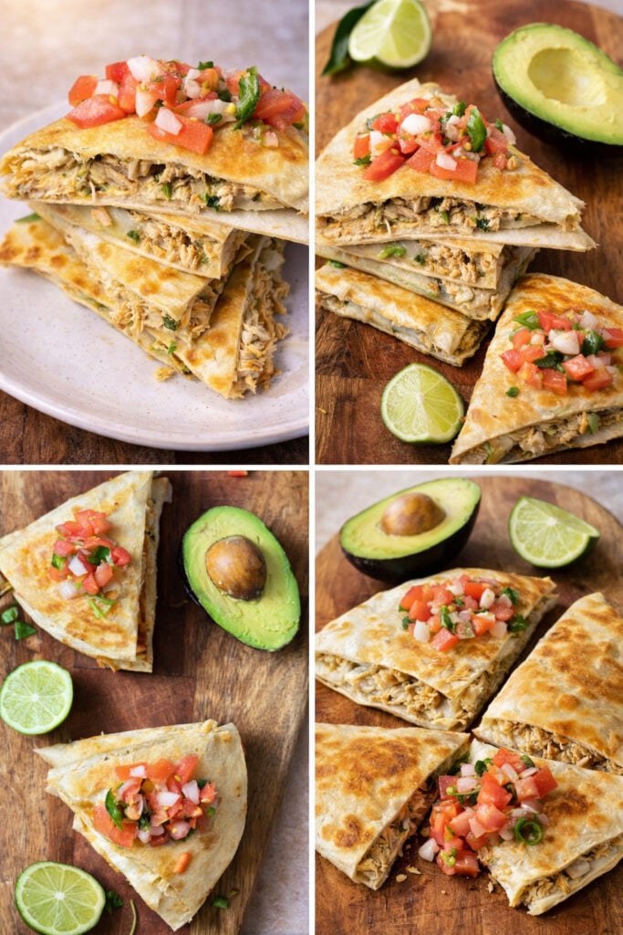 Authentic Mexican chicken quesadilla recipe collage with crispy golden brown tortillas, shredded chicken filling, pico de gallo, avocado, and lime wedges on a wooden board