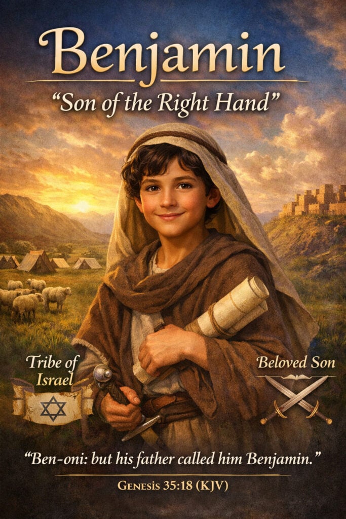 Biblical boy name Benjamin meaning son of the right hand with Genesis 35:18 KJV verse, illustrated young Benjamin holding scroll among the tribe of Israel, Christian baby name inspiration from the Old Testament.