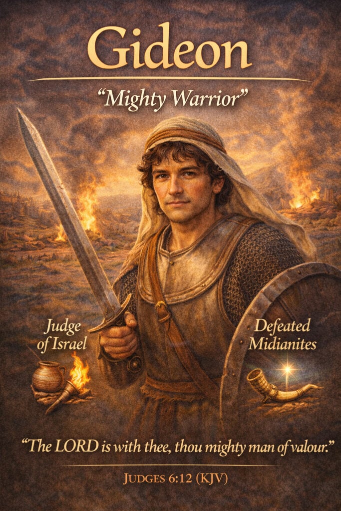 Biblical boy name Gideon meaning mighty warrior with Judges 6:12 KJV verse, illustrated Bible character Gideon holding sword and shield representing the judge of Israel who defeated the Midianites, Christian baby name inspiration and Bible hero artwork.