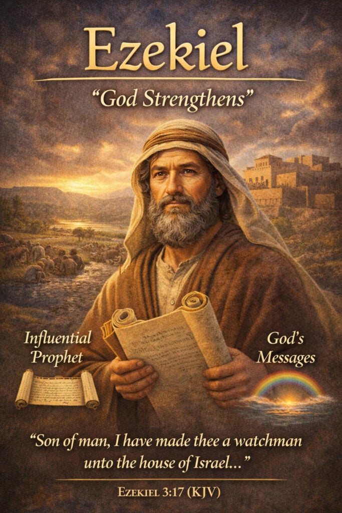 Biblical boy name Ezekiel meaning God strengthens with Ezekiel 3:17 KJV scripture, illustrated Old Testament prophet holding scroll delivering God’s message to Israel, Christian baby name inspiration and Bible prophet artwork.