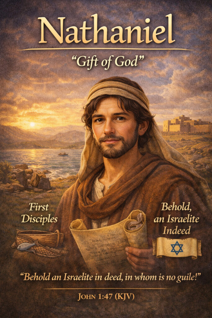 Biblical boy name Nathaniel meaning gift of God with John 1:47 KJV verse, illustrated disciple of Jesus holding scroll near the Sea of Galilee, Christian baby name inspiration featuring Nathanael one of the first followers of Christ.