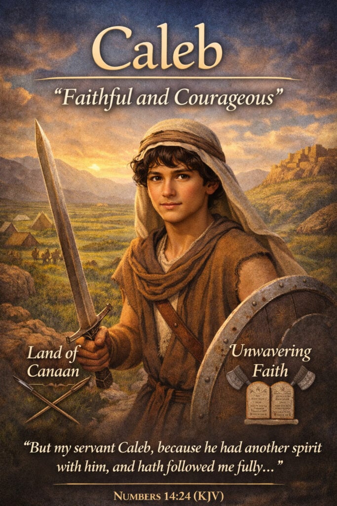 Biblical boy name Caleb meaning faithful and courageous with Numbers 14:24 KJV verse, illustrated warrior Caleb holding sword and shield representing the faithful spy who trusted God to enter the Promised Land.