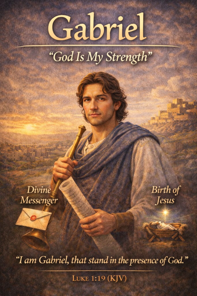 Biblical boy name Gabriel meaning God is my strength with Luke 1:19 KJV scripture, illustrated angel messenger holding scroll and trumpet announcing the birth of Jesus, Christian baby name inspiration featuring the archangel Gabriel from the Bible.