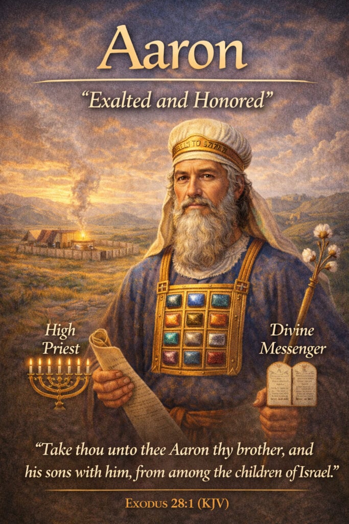 Biblical boy name Aaron meaning exalted and honored with Exodus 28:1 KJV verse, illustrated high priest Aaron wearing priestly garments and breastplate from the Old Testament, Christian baby name inspiration and Bible leader artwork.