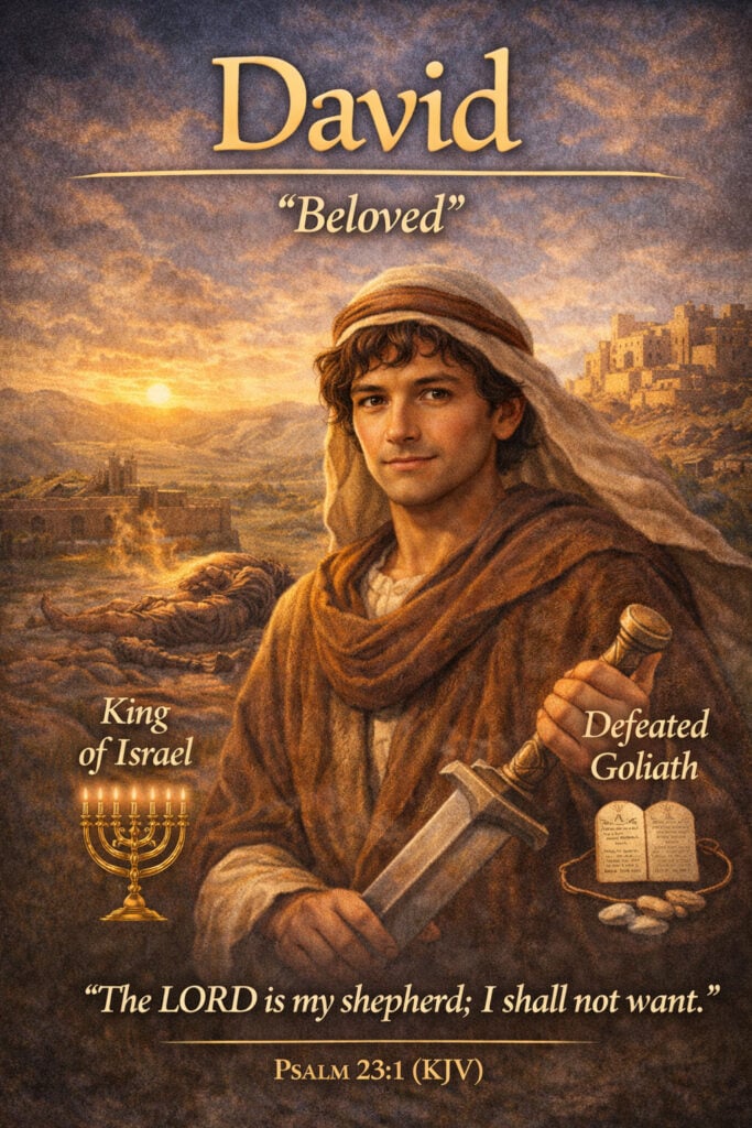Biblical boy name David meaning beloved with Psalm 23:1 KJV scripture, illustrated young King David holding sword representing the shepherd who defeated Goliath and became king of Israel, Christian baby name inspiration from the Bible.