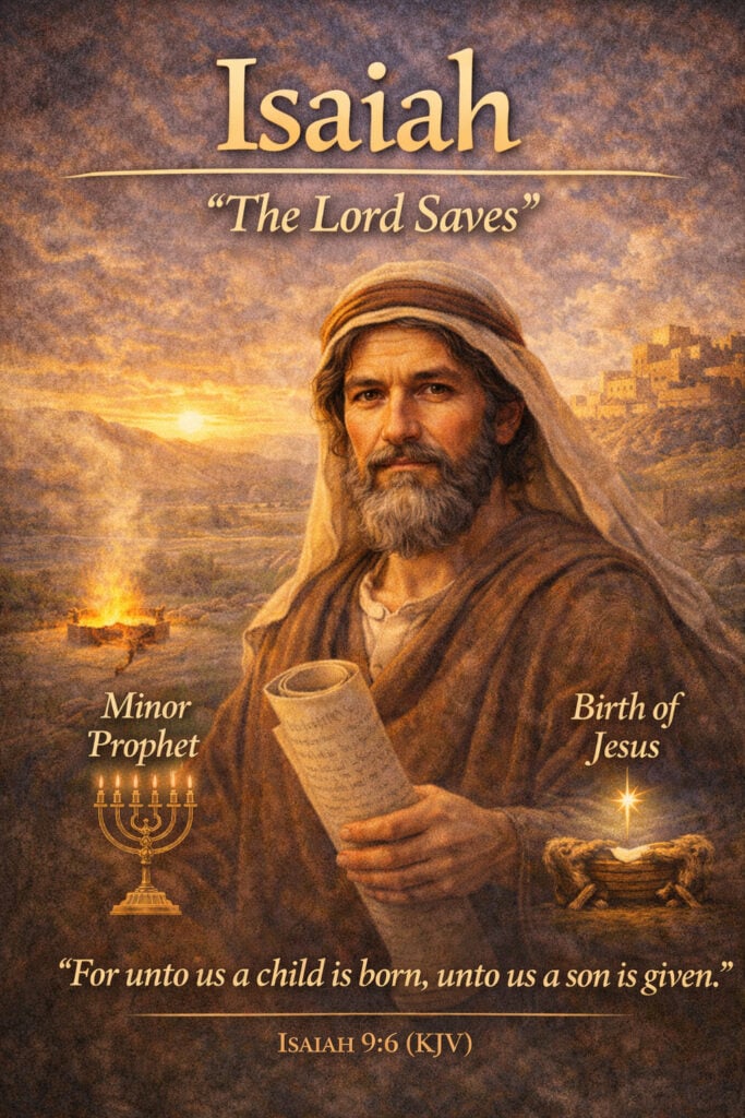Biblical boy name Isaiah meaning the Lord saves with Isaiah 9:6 KJV verse, illustrated Old Testament prophet holding scroll prophecy about the birth of Jesus, Christian baby name inspiration and Bible prophet artwork.
