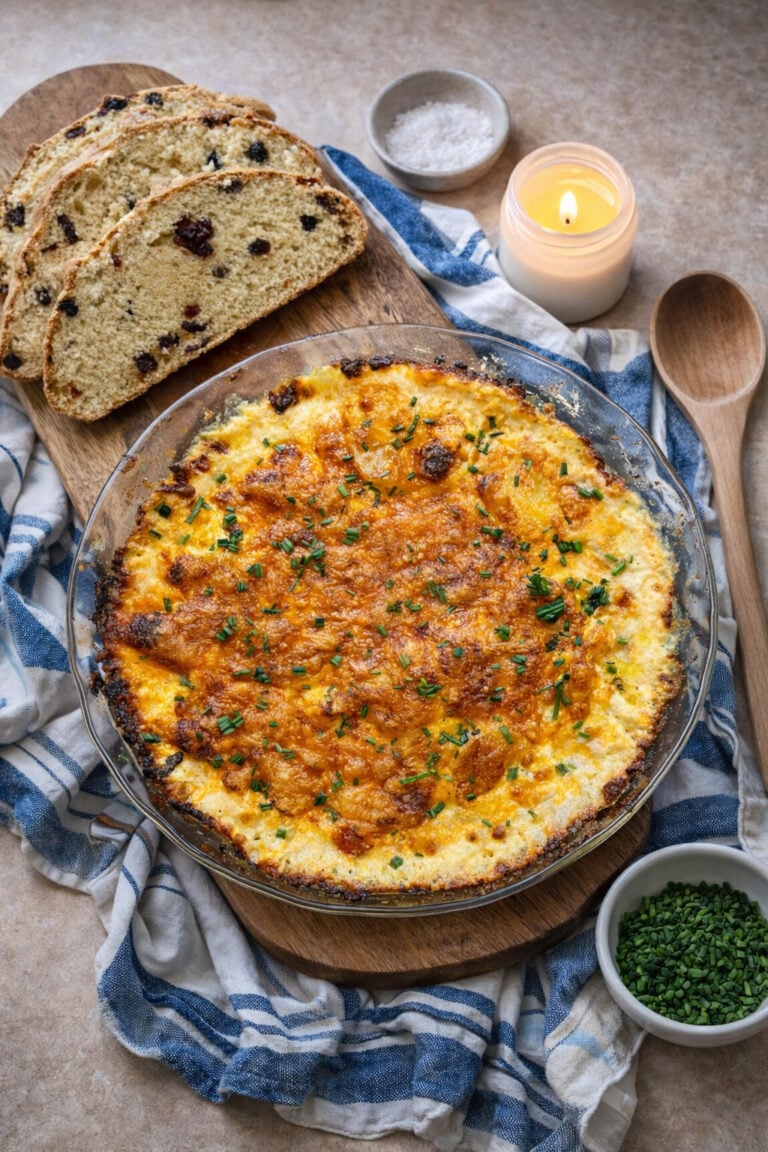 Overhead view of cheesy cheddar potato gratin topped with fresh chives in a glass baking dish, classic baked potato gratin recipe for holidays.