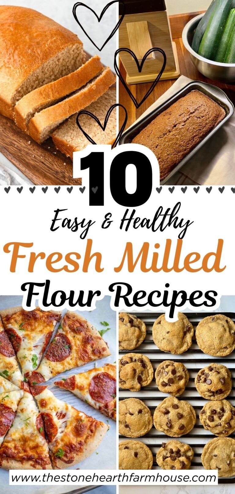 Collage featuring 10 fresh milled flour recipes including homemade sandwich bread, zucchini bread loaf, pepperoni pizza, and chocolate chip cookies. Made with freshly milled whole grain flour for healthier from scratch baking. This collection of easy fresh milled flour recipes includes breads, baked goods, and family friendly meals. Perfect for home bakers using whole wheat berries and a grain mill.