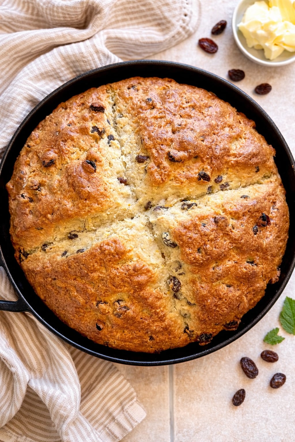 golden brown sourdough Irish soda bread in cast iron skillet with raisins and rustic kitchen towel