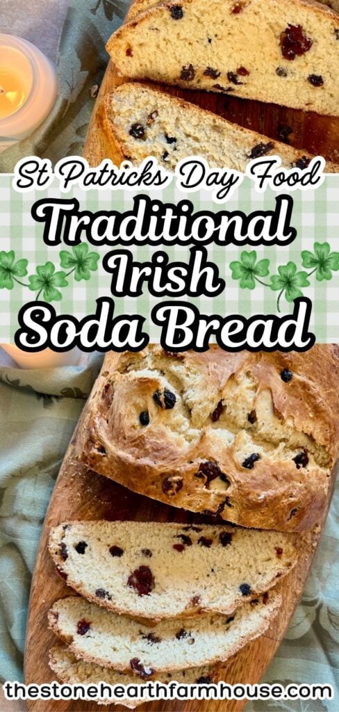 Traditional Irish soda bread with raisins and caraway seeds sliced on a wooden board, golden brown crust with tender crumb inside. This easy Irish soda bread recipe is perfect for St Patrick’s Day food, holiday gatherings, or a simple homemade Irish bread recipe made with buttermilk, dried fruit, and pantry staples. Classic old fashioned Irish soda bread served rustic farmhouse style.