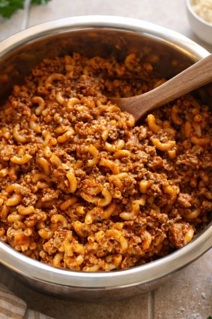 Close-up of hearty American chop suey with ground beef and tender elbow macaroni