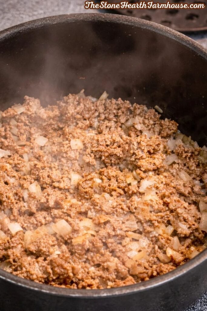 American chop suey with ground beef and onions cooking in a large pot